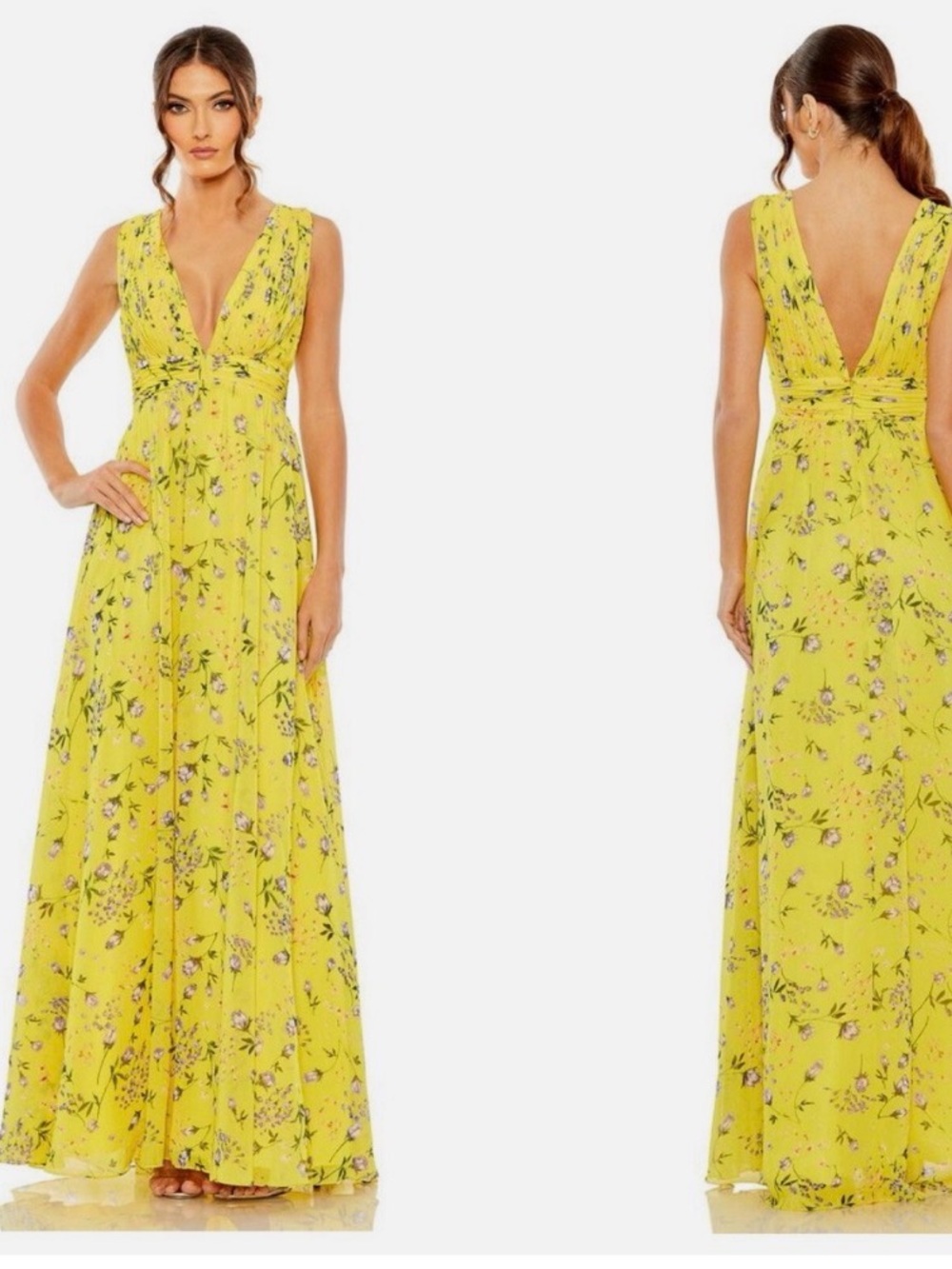 Mac Duggal Lemon Floral V-Neck Maxi Dress